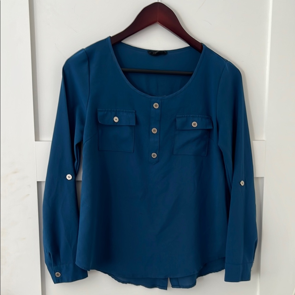 Mine Blue Buttoned Blouse with 3/4 Sleeves